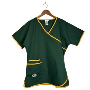 NFL Team Apparel Women’s M Green Bay Packers Mock Wrap Scrub Top